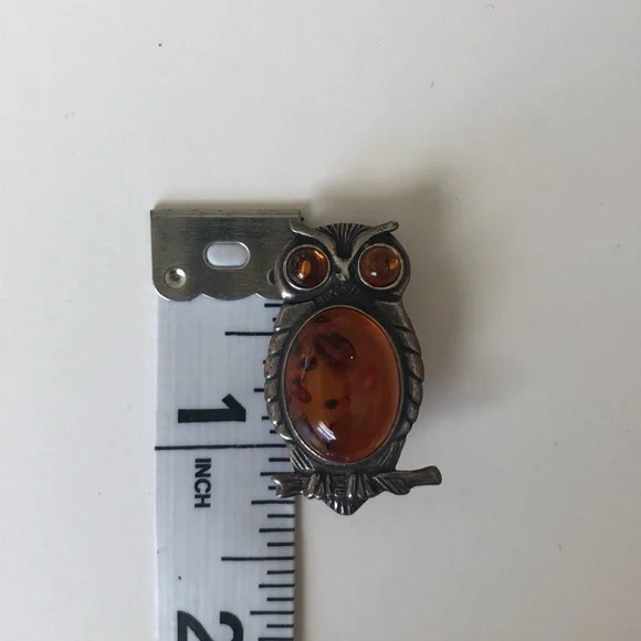Owl Brooch or Necklace Pendant Silver with Amber - Picture 5 of 5